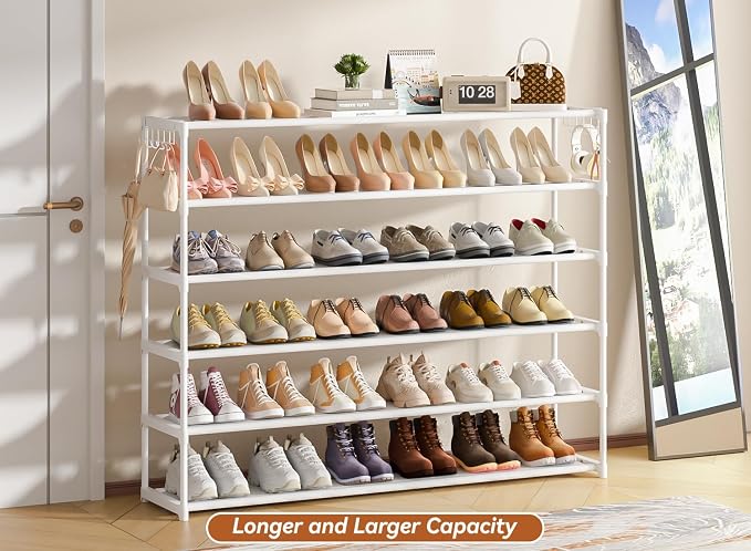 LUKYTOWER Extra Long Shoe Rack 6 Tier 39Pairs with 2 Hooks | Sturdy Wide Stackable Shoe Organizer for Closet, Entryway, Front Door Entrance, Durable Shoe Shelf Stand, Black Shoe Storage