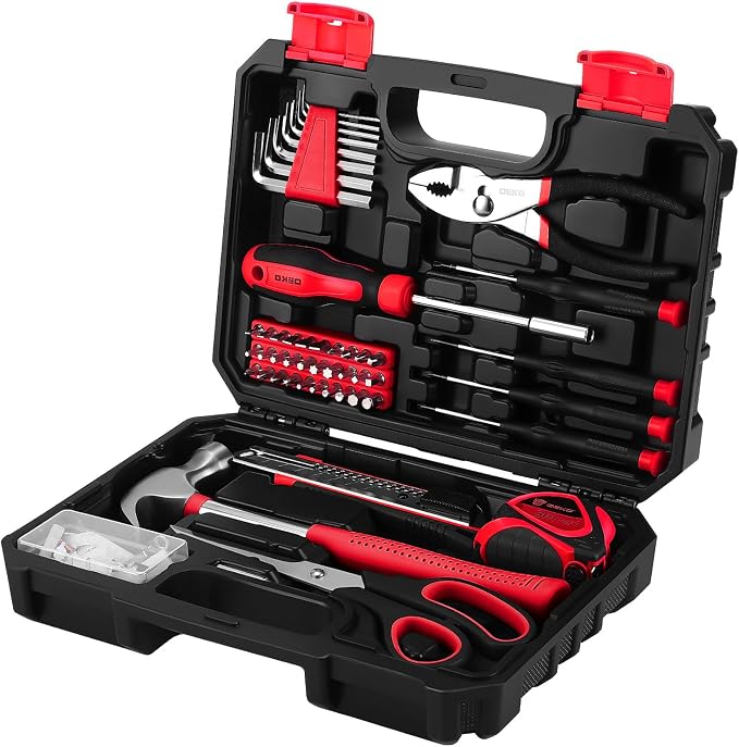 DEKOPRO 50 Piece General Household Hand Tool Kit with Plastic Toolbox Storage Case, All Purpose Home Tool Kit Includes Essential Tools for Office College Repairs - Red