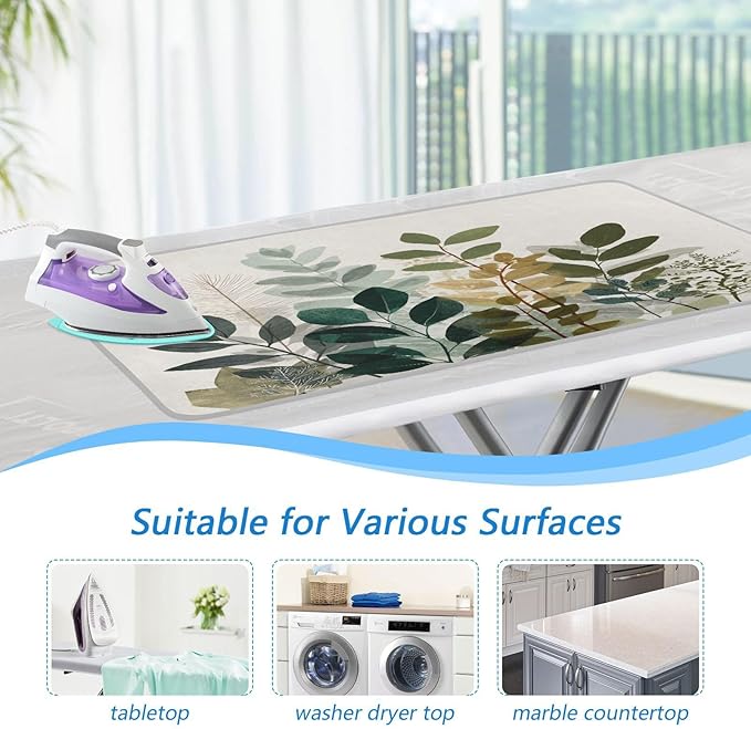 Beige Boho Style Leaves Ironing Mat Portable Ironing Pad Blanket with Silicone Iron Rest for Table Top Travel Heat Resistant Double-Side Using Large 47x28 Inch Foldable