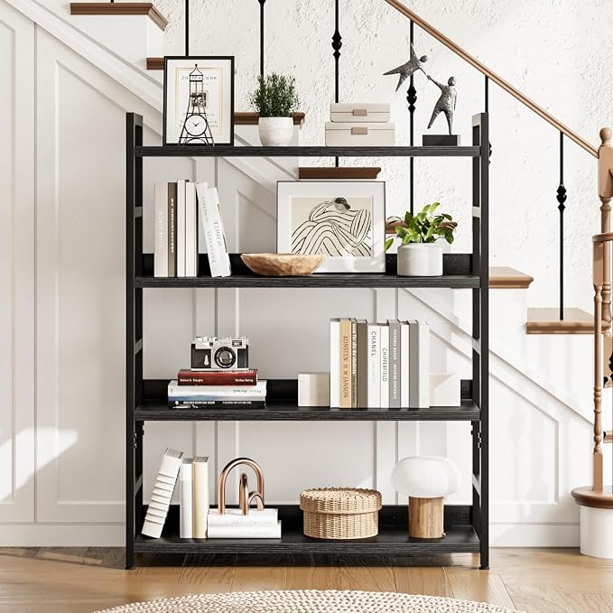 NUMENN Wide Bookshelf, 4 Tier Freestanding Shelving Unit, Black | Metal Frame & Wood Shelves, Falling Prevention Baffle, Open Storage Bookcase for Bedroom, Living Room & Home Office