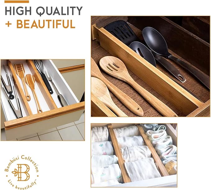 4 Pack Bamboo Drawer Dividers - Adjustable 16 to 22 Inch Expandable Drawer Organizer, Spring Loaded 2.6 Inch High Kitchen Drawer Dividers and Dresser Separator for Clothes, Bedroom, Bathroom, Office