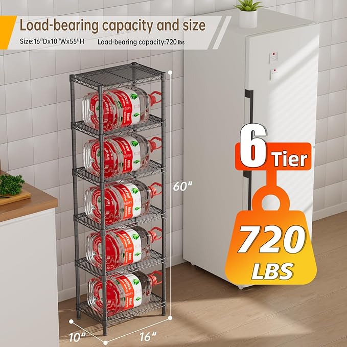 Golpart 6Tier Adjustable Storage Shelves Metal Wire Shelving Standing Shelf | Utility Heavy Duty Unit Rack Closet Organize for Home Kitchen Laundry Room Organization Pantry 10"Dx16"Wx63"H Black