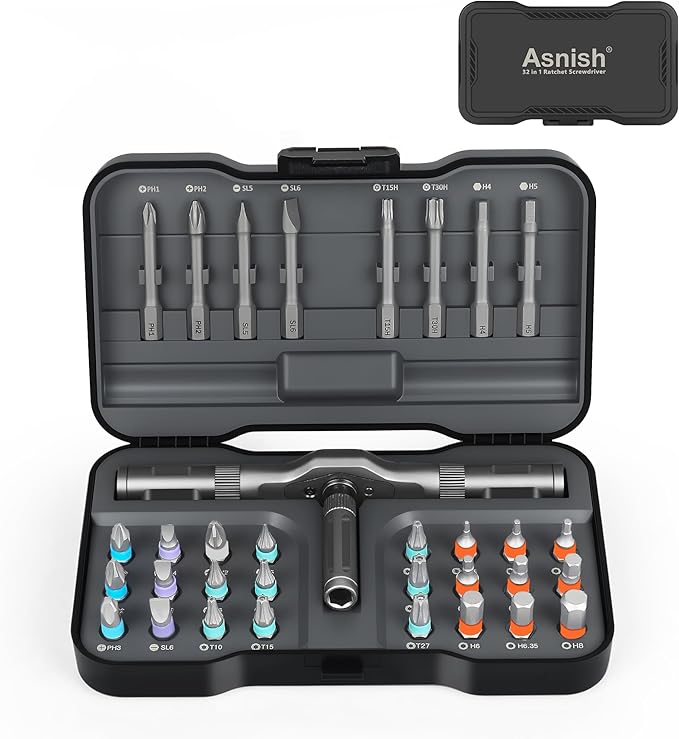 Asnish 34 in 1 Magnetic Screwdriver Set with Ratcheting Multi Bit | Repair Tool Kit with Interchangeable Bits, Precision Hand Tools for Electronics, Computer, Bike, Furniture & DIY Projects