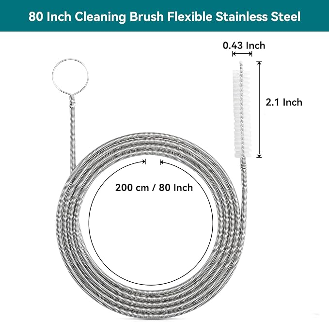 2 Pack Flexible Drain Cleaning Kit-160 Inch Flexible Stainless Steel Drain Brush and 80 Inch Spring Drain Auger