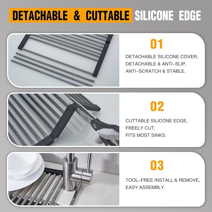 Foldable Over Sink Dish Drying Rack, 304 Stainless Steel Kitchen Drain Rack for Tableware, Detachable Silicone Edge, Rectangular Tubing,Black,4 Fold 17.72" x 15.36"