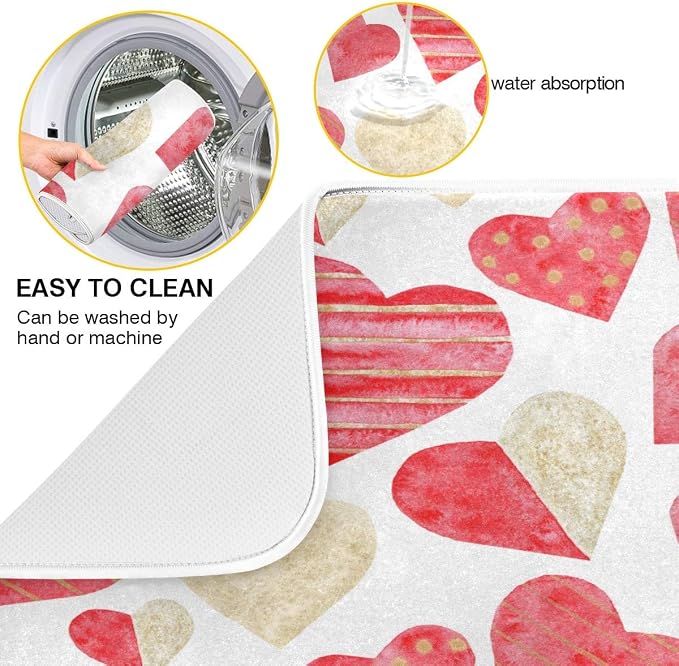 Red Gold Watercolor Hearts Love Dish Drying Mat 16x18 for Kitchen Valentine's Day Love Flowers Dishes Pad Dish Drainer Rack Mats Absorbent Fast Dry Kitchen Accessories