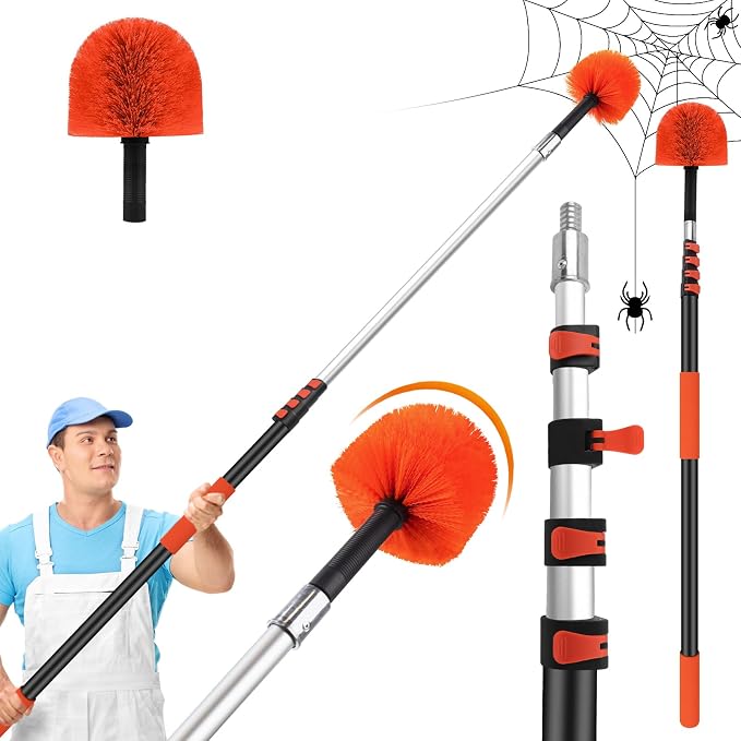 18FT Cobweb Duster with Extension Pole,Spider Web Brush with Pole | Extend 3-12FT,Spiderweb Cleaner with 4-Stage Telescopic Aluminum Pole,Spider Brush Cobweb for Outdoor & Indoor Cleaning
