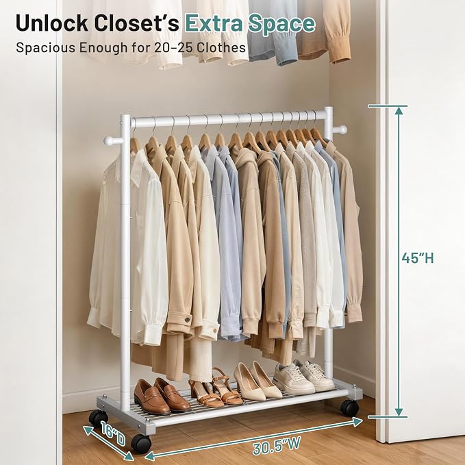 AOODA Short Clothing Rack for Hanging Clothes, Metal Small Clothes racks With Shelves, Heavy Duty Rolling Garment Racks on Wheels for Closet, Wardrobe (White)