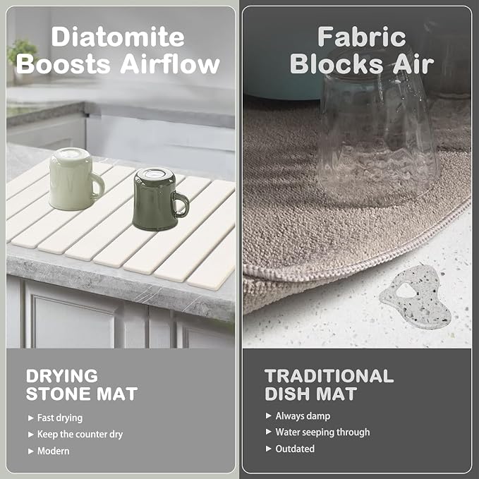 Large Stone Dish Drying Mats for Kitchen Counter, Quick Drying Collapsible Dish Drying Mat, Eco-Friendly Absorbent Diatomaceous Earth Mats for Dishes Cups, Match Any Countertop (White 24"×16" & 8"x4")