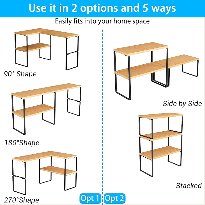 Golener Kitchen Counter Organizer, Countertop Shelf, Adjustable, Stackable | Kitchen Countertop Organizer, Spice Rack, 2-Tier Countertop Shelves, Corner Desk Shelf, Corner Counter Shelf, Bamboo