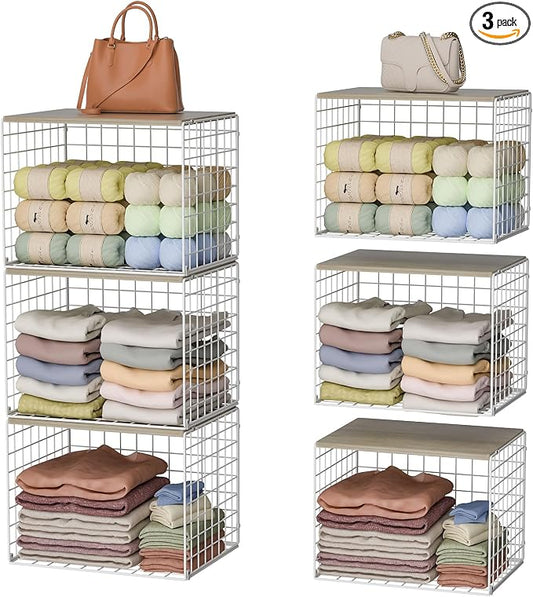 Extra-Long Closet Organizers and Storage with Top Board, 3 Pack Stackable Closet Shelf Organizer, Double Storage Design, Clothes Storage Cube/Bin/Basket for Wardrobe, Space-Saving, White,Sturdy,Metal