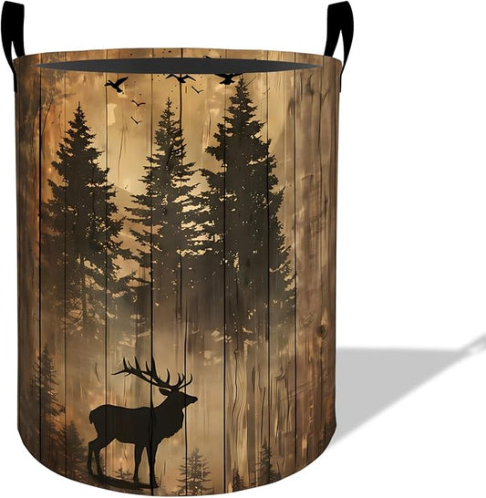 Rustic Deer Forest Laundry Basket Hamper 19.7"x15.8", Organizer Bins Gifts for Kids Boys Girls, Woodland Elk Foldable Waterproof Oxford Clothes Storage Bucket for Bedroom Bathroom Decor