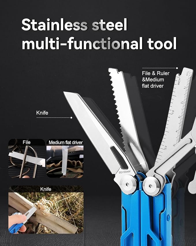Pocket 15-in-1 Multi tool Pliers with Safety-Lock and Sheath (Blue) | EDC Pocket Knife,3mm Wire Cutter, Saw,Bottle Opener, Screwdriver, Must-have for Survival and Out-door, Gifts for Men
