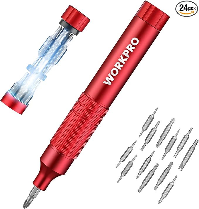 WORKPRO 24 in 1 Multi Bit Mini Screwdriver Set Magnetic, Red | Manual Pen Screwdrivers, Tough S2 Steel Small Screwdriver Bits for Eyeglass, Watch, Laptop, Phone, Jewelry and Electronic