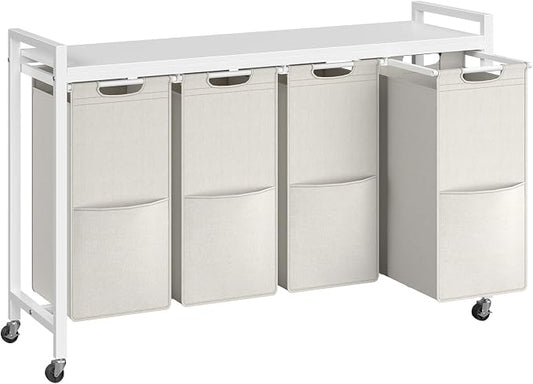 HOOBRO Laundry Sorter 4 Sections, Laundry Hamper with Wheels, 4 × 10.5 Gal (40 L), Rolling Laundry Basket, Pull-Out and Removable Oxford Fabric Bags, White WG04XY01