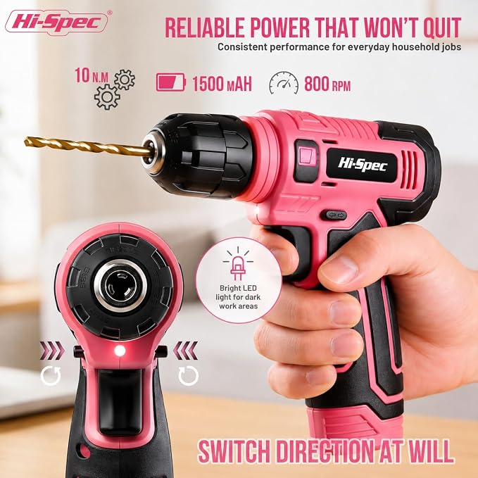 Hi-Spec 8V Cordless Drill Set & Starter Tool Kit for Women, Pink | Ladies, USB Drill Driver, Essential Hand Tools, Compact, Tidy Home Projects, Screwdriving, Repairs, Light-Duty