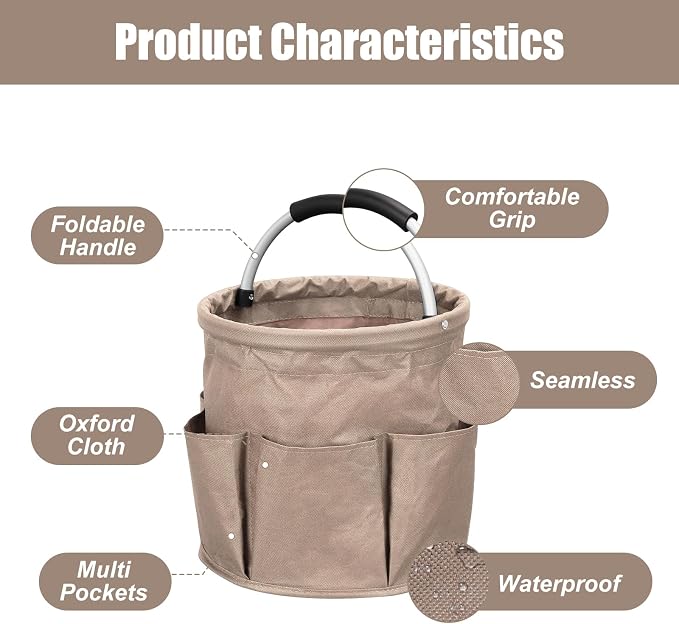 mumisuto Wearable Cleaning Caddy，Cleaning Supplies Organizer Foldable Basket Bucket Tool with Handle Cleaning Bag for Cleaning Professionals, Auto Detailers, Housekeepers (Khaki)