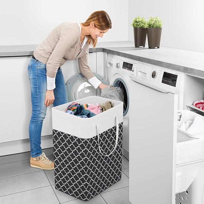 StorageRight Laundry Basket Hamper, 75L Clothes Storage, Clover Black | Freestanding Clothes Hampers, Foldable design, with Easy Carry Handles, For Laundry, Bedroom, Dorm, Clothing, Towels, Toys