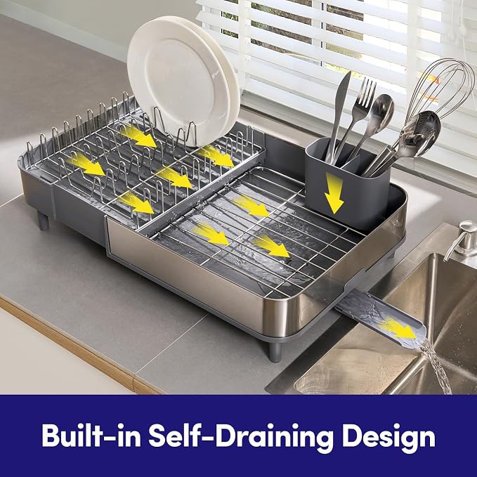 Dish Drying Rack Countertop Expandable Dish Drainer — Up to 20.5" Telescoping Premium Extending Drying Station Organizer with Drainboard, Removable Utensil Holder — Dish, Silverware & Cup Storage Gray