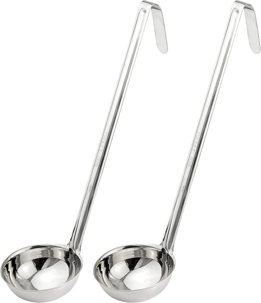 Fit Meal Prep [2 Pack] Stainless Steel Soup Ladle - One-Piece Sauce Spatula with Hook Handles, Commercial Grade Serving Spoon, Kitchen Tool for Restaurant or Home Cooking, Mirror Finish, 14.25" Long