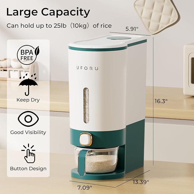 UFORU Rice Dispenser, Rice Storage Container with Measuring Cup for Kitchen Pantry Household, Cereal Dry Food Storage Containers Airtight, Sealed Moisture Proof (Green 23-25 Lbs)