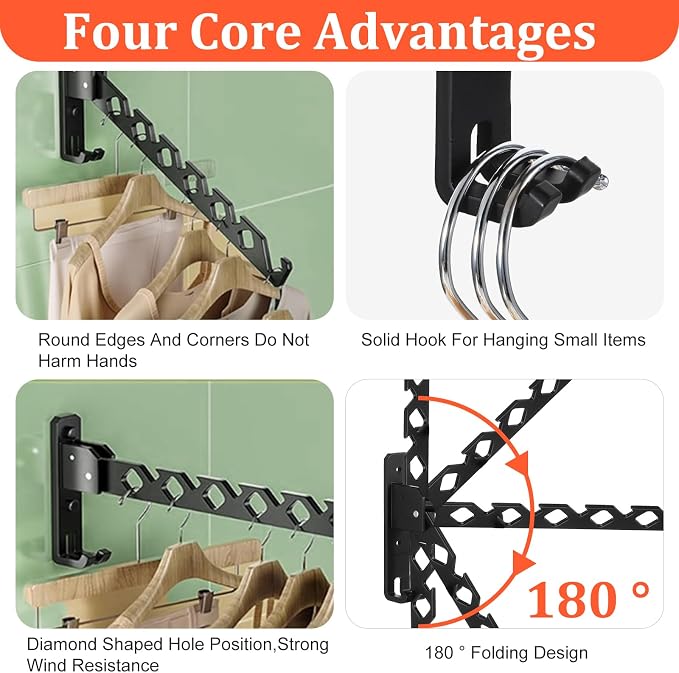 Wall Mounted Clothes Hanger Rack, Heavy Duty Folding Garment Hooks with Swing Arm, Space Saving Laundry Drying Organizer for Bathroom Bedroom, Black 3-Pack