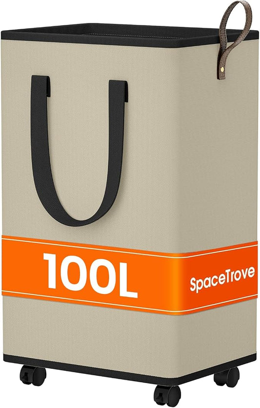 SpaceTrove Rolling Laundry Basket with Wheels, Laundry Hamper, 100L, Beige | Collapsible, 4 detachable wheels including 2 with brakes, sturdy handle, metal frame, for dorms, bathrooms and bedrooms