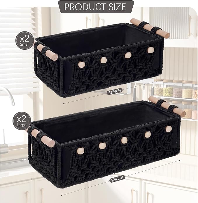 Vesici 4 Pcs Black Macrame Storage Basket for Shelves 13 in 11 in Boho Storage Basket Hand Woven Boxes with Wood Handles Beads Decorative Countertop Toilet Tank Cabinet Organizer for Home Room Decor