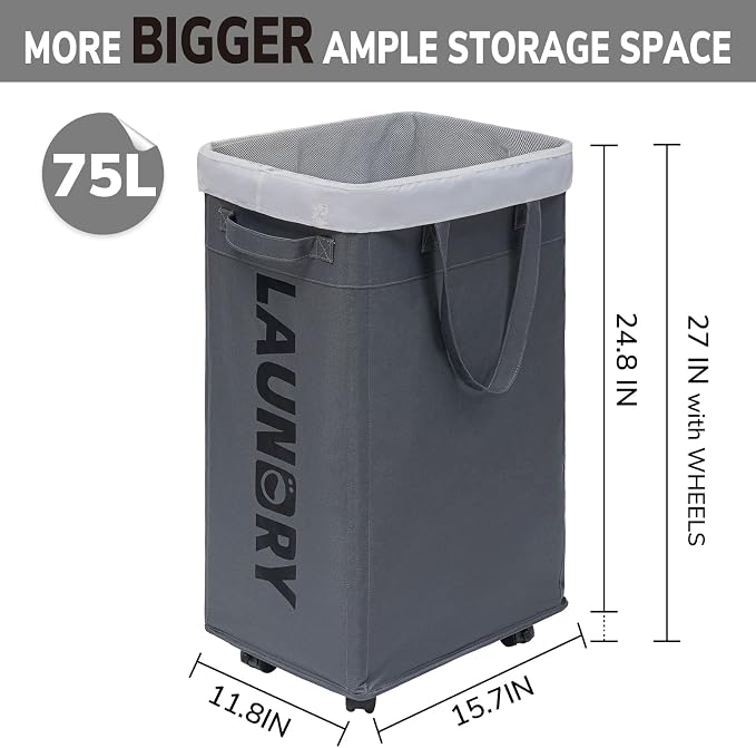 CHICVITA 75L Rolling Laundry Basket with Wheels 2-Pack, Wash Bags, Grey | Foldable slim-design laundry baskets for corner dorms. Large capacity with removable wash bags