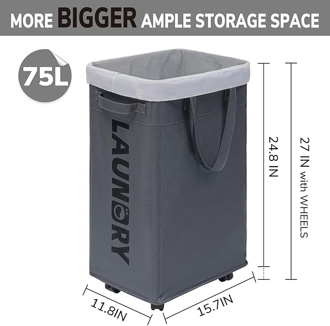 Goodpick 2-Pack Laundry Basket with Wheels & Wash Bag, Hamper for Dorm,75L | Laundry Hamper with Handles for Dirty Clothes, Clothes Hamper, Rolling Laundry Basket, Dorm Room Essentials, Grey