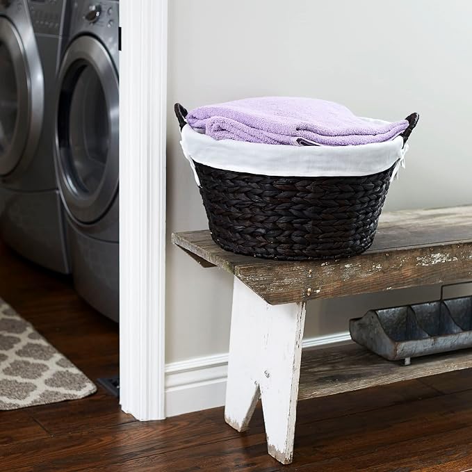 Household Essentials Round Wicker Laundry Basket with Handwoven Water Hyacinth, Metal Frame Support, and Removable Polyester Liner, Brown Finish and White