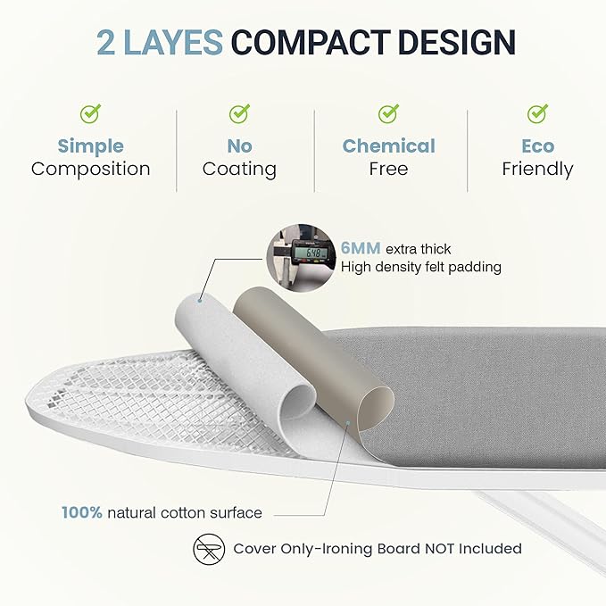 UniSimp Ironing Board Cover and Pad 18"x49" Extra Thick Natural Cotton, Scorch and Stain Resistant Iron Board Cover, Wide Ironing Board Cover with Fasteners Heavy Duty Heatproof Elastic Edge Gray