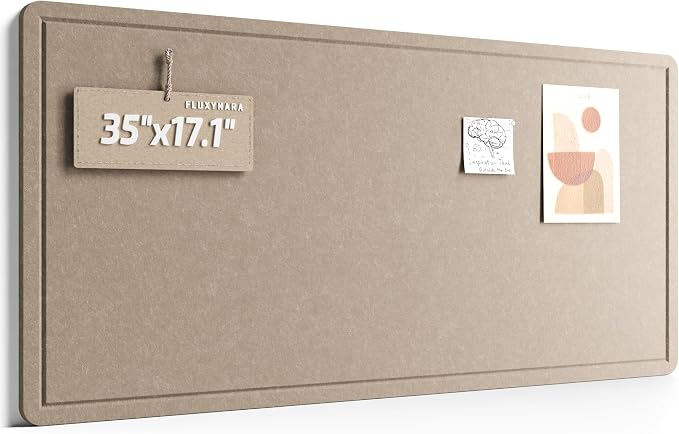 Fluxynara 35" x 17.1" Bulletin Board, Taupe | Cork Board Alternative with 12 Removable Adhesive Tabs, Foldable Felt Pin Board for Home, Office, Classroom & Dorm