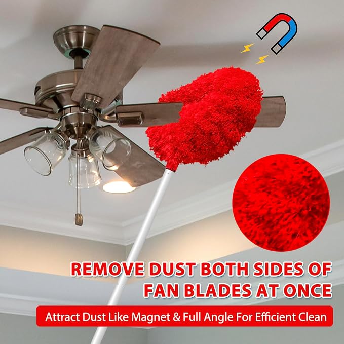 FONUNO Ceiling Fan Cleaner Duster High Ceiling Extended Fan Blade Cleaner | Reusable Microfiber Ceiling Fan Duster with Extension Handle from 13 to 50 Inch for Furniture Bookshelves Wall Door, Red