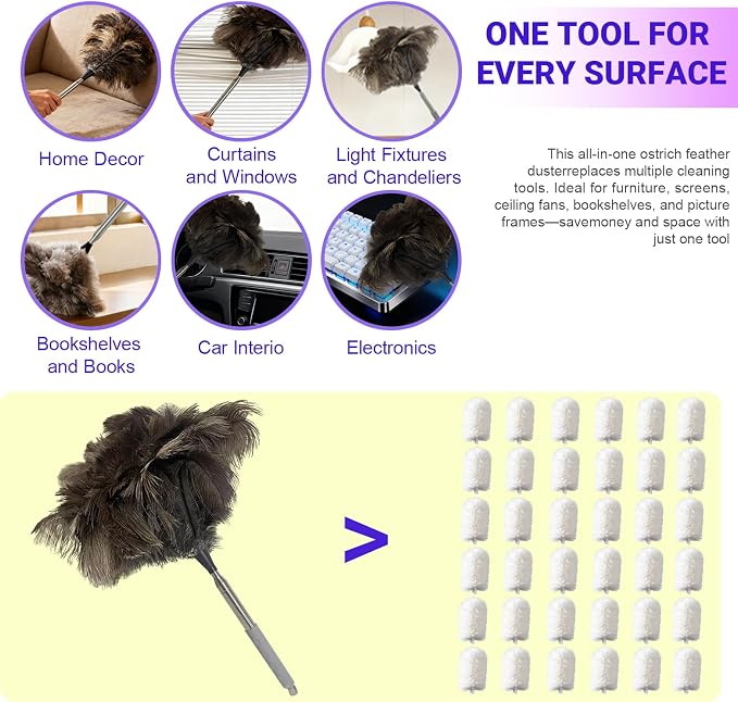 NCEDN Genuine Ostrich Feather Duster 40 Inches - Extendable Stainless Steel Handle, 8 Inches Long Thick Feathers, Telescopic Duster for Ceiling Fans, Blinds, Furniture, Car, Washable