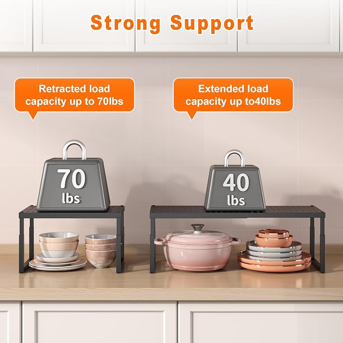RUILALIFE Expandable-Stackable-Shelf-Organizer-For-Cabinet Pantry Closet,Kitchen Counter Shelf With Adjustable Height, Metal Storage Shelf Riser Spice Rack For Cupboard Countertop