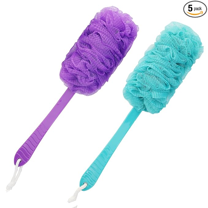 Back Scrubber Brush Long Handle for Shower, Loofah On a Stick Sponge Back Brush, Body Exfoliator Scrubber Bath Brush for Men Women, Exfoliating Cleaning Back Scrubber (2 Pack-Green+Purple)