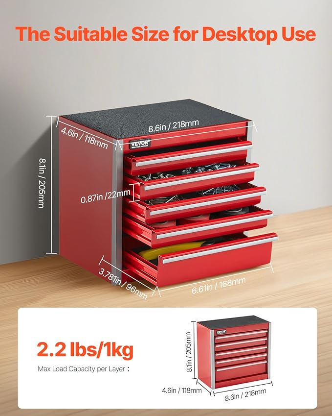 VEVOR Metal Tool Box, 8.6-inch, Portable Metal Tool Box with 5 Drawers, Small Tool Chest with EVA Liners and PP Feet Pads, Heavy-Duty Steel With Ball Bearing Opening and Powder Coated Finish, Red