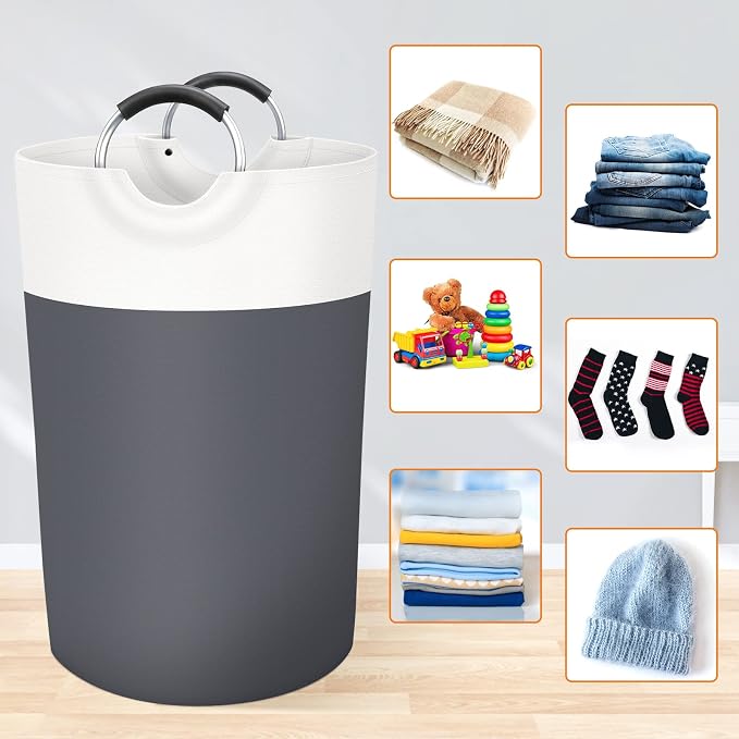 BlissTotes 115L Laundry Basket, Freestanding Collapsible Hamper, Gray | Collapsible Dirty Clothes Hamper, Foldable Laundry Bag for Dorm, Waterproof Fabric, Padded Aluminum Handles