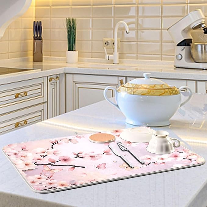 Cherry Blossoms Flowers Dish Drying Mat 18x24 for Kitchen Sakura Branch Pink White Floral Dishes Pad Dish Drainer Rack Mats Absorbent Fast Dry Kitchen Accessories