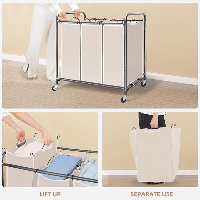 STORAGE MANIAC 3 Section Laundry Sorter, 35.6 Gal (135 L) Laundry Hamper Cart with Heavy Duty Rolling Lockable Wheels and Removable Bags, Clothes Organizer Basket Separator Hamper, Beige