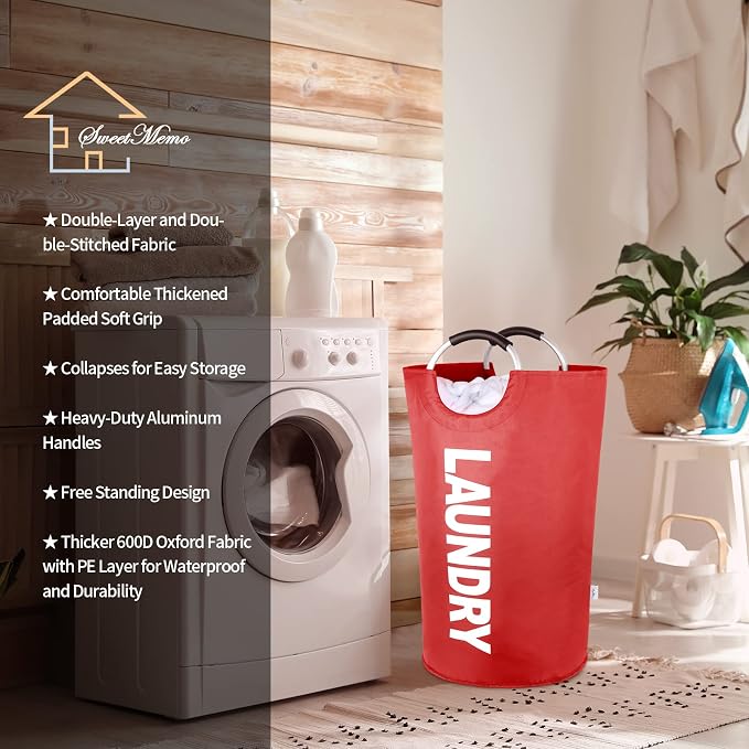 Extra Large Laundry Basket, Big Laundry Hamper Bag with Handles, 130L Red | Freestanding Tall Dirty Clothes Hamper, Collapsible and Portable Laundry Bin for Dorms and Bedrooms, Thick, Sturdy Fabric