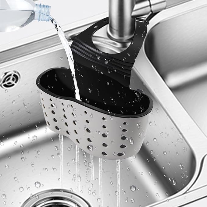 Kitchen Sink Caddy Sponge Holder for Kitchen Sink Accessories Organizer Dish Sponge Holder Ajustable Strap Faucet with Drain Holes for Drying (2 pcs Beige)