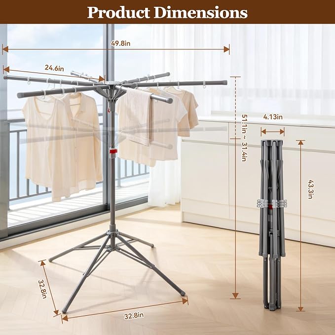 Adjustable Collapsible Umbrella Style Clothes Drying Rack, 4Legs6Telescopic Arms, Space-Saving Freestanding Laundry Airer with Windproof Clips, Easy Setup Indoor Outdoor (Gray-Carbon Steel)