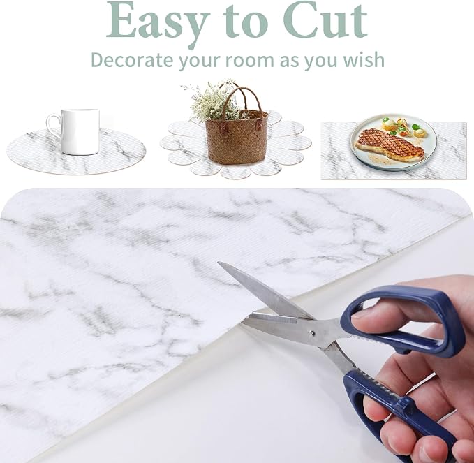 2-Layer Drawer and Shelf Liner for Kitchen Cabinet: 17 in X 39 Ft Non Slip | Waterproof Shelf Paper Non Adhesive Refrigerator Liners White Marble Easy Liners for Bathroom with Knife Tape Measure