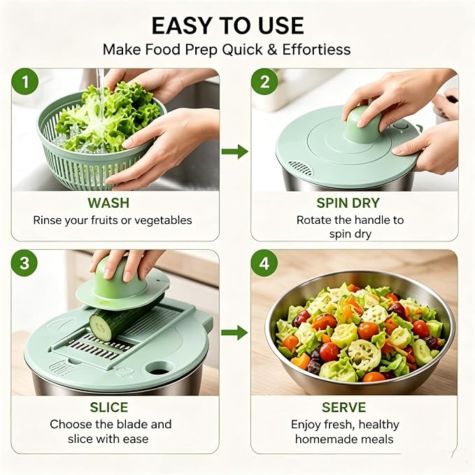 3 in 1 Salad Spinner with Mandoline Slicer, All in One Slicer Bowl, Multifunctional Salad Spinner Small Stainless Steel, Vegetables Wash Bowl, Fruits & Lettuce Dryer with 5 Blade (Green)