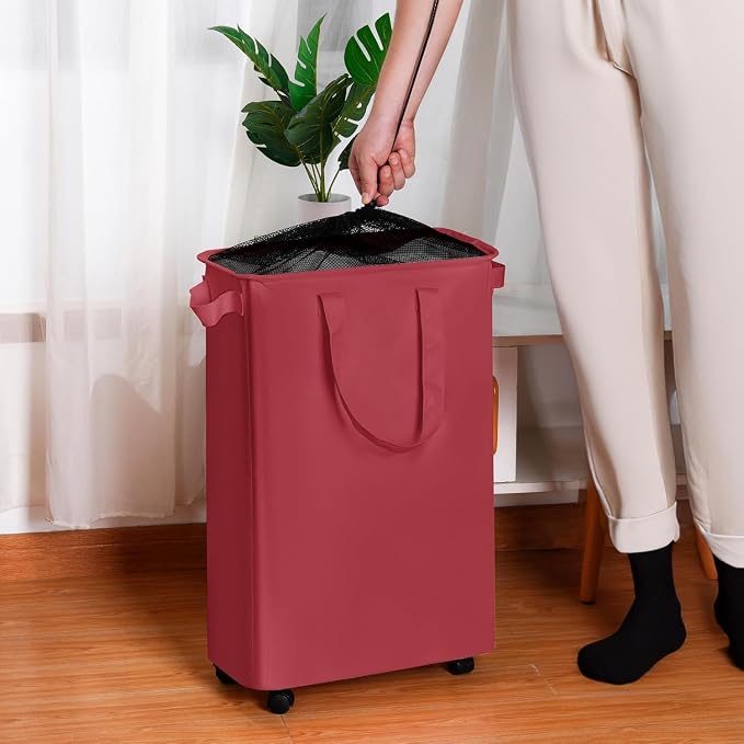efluky Slim Laundry Hamper with Wheels, Rolling Laundry Basket for Clothes, Small Laundry Basket for Bedroom, Dorm and Laundry Room, 60L (12.7 Gallons) Red