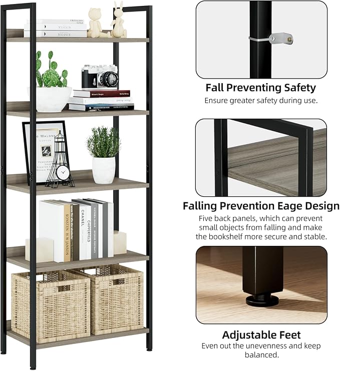 NUMENN Bookshelf, 5 Tier Freestanding Shelving Unit, Grey | Metal Frame & Wood Shelves, Falling Prevention Baffle, Open Storage Bookcase for Bedroom, Living Room & Home Office