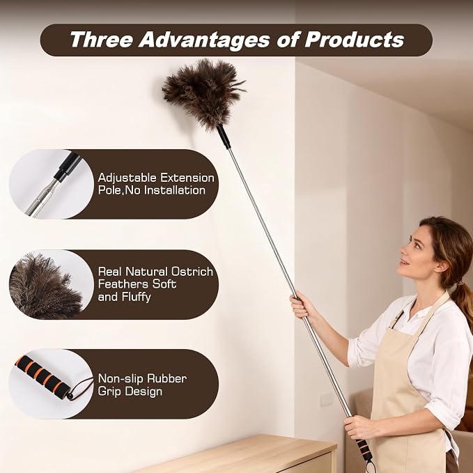 Extendable Ostrich Feather Duster 26-55 Inch, Natural Cleaning Duster with Sponge Grip and Stainless Steel Extension Pole Reusable for High Ceilings, Fans, Blinds, Furniture, Interior & Roof Dusting.