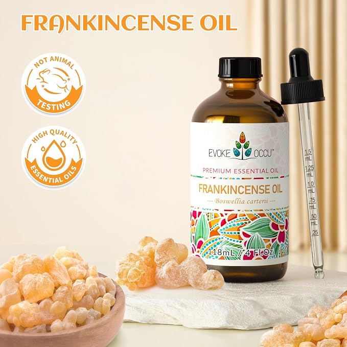 EVOKE OCCU Frankincense Essential Oil for Skin Care, Massage & Relaxation | Calming Fragrance Oil for Aromatherapy & DIY Projects, Blend With Facial Cream for Smoother Skin – 118mL / 4 fl oz